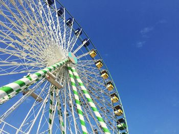 Low angle view of ferris wheel against clear blue sky