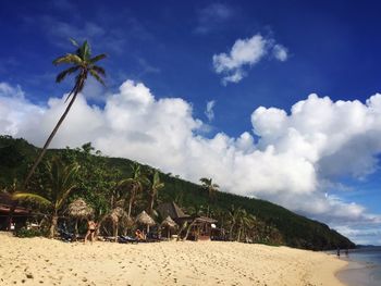 Palm trees on beach against cloudy sky