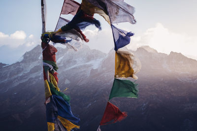 Flags against mountain range