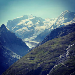 Aerial view of snowcapped mountains against sky