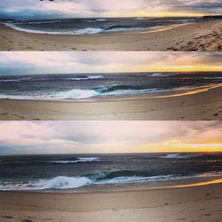 Scenic view of beach against sky during sunset