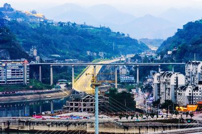 High angle view of construction site against sky