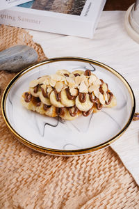 High angle view of dessert in plate on table