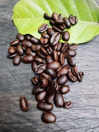 High angle view of coffee beans on table