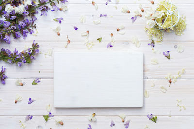 High angle view of white flowers on table