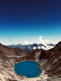 Scenic view of mountains against blue sky