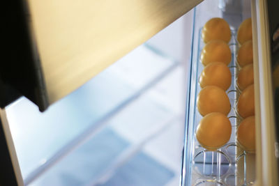 Chicken eggs on shelf of refrigerator