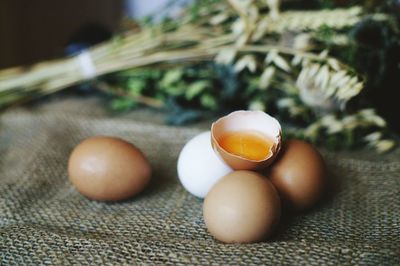 Close-up of eggs on table