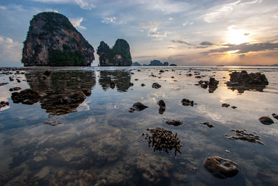 Seascape at sunset with clear water, corals, stones under water and karst cliffs on the horizon.