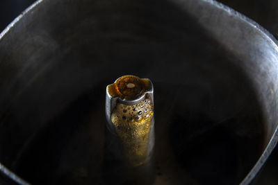 High angle view of drink on metal