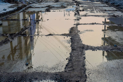 Reflection of buildings on puddle
