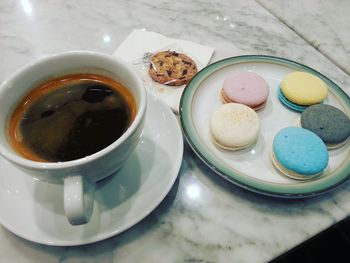 High angle view of coffee served on table