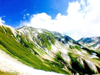 Scenic view of mountains against cloudy sky