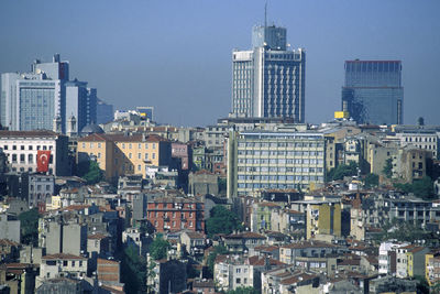 Modern buildings in city against clear sky