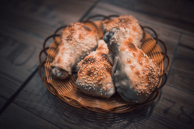 High angle view of dessert in basket on table