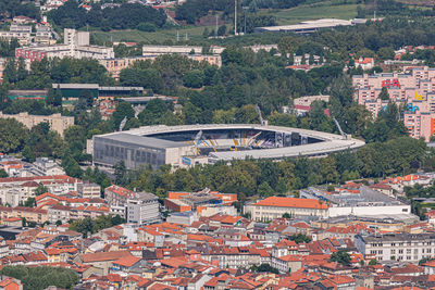 High angle view of buildings in city