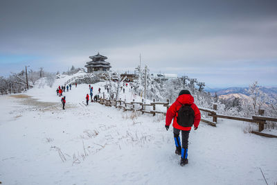 Rear view of man walking on snow covered landscape