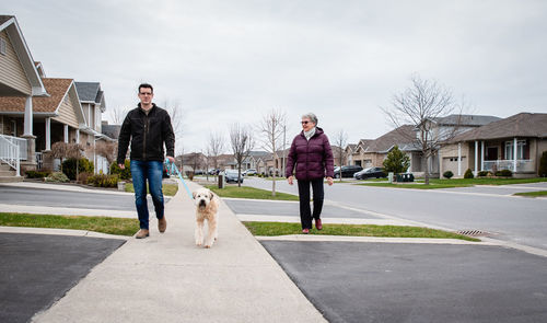 Man and older lady walking dog on sidewalk of suburban neighbourhood.