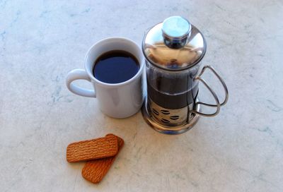 High angle view of coffee on table