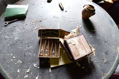 High angle view of open book on table