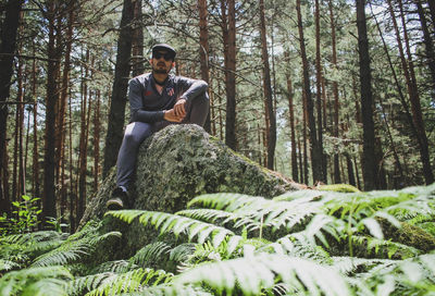 Young man sitting on tree trunk in forest