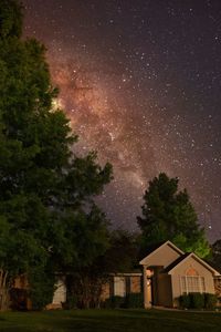 Trees and houses on field against sky at night