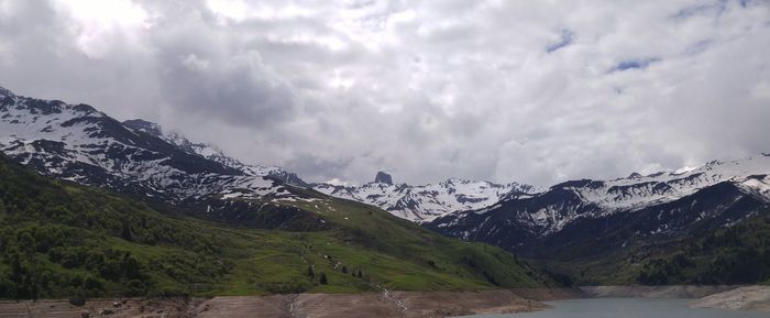 Scenic view of snow covered mountains against sky