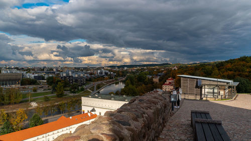 High angle view of buildings in city against sky