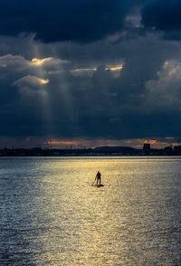 Silhouette paddle boarder  in sea against sky during sunset