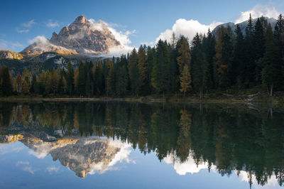 Scenic view of lake by trees against mountain