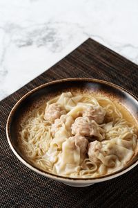 High angle view of soup in bowl on table