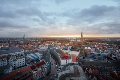 High angle view of townscape against sky during sunset