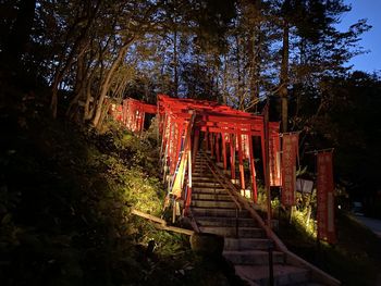 Staircase leading towards trees in forest against sky