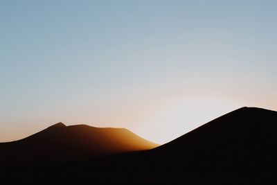 Scenic view of silhouette mountains against clear sky during sunset