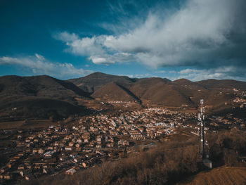 High angle view of buildings against sky