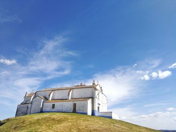 Low angle view of house on field against sky