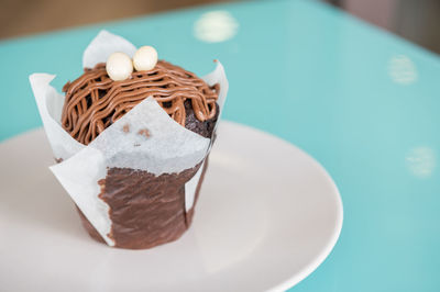 High angle view of cake in plate on table