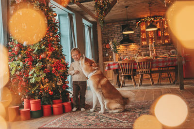 Candid authentic happy little boy in knitted beige sweater hugs dog with bow tie at home on xmas