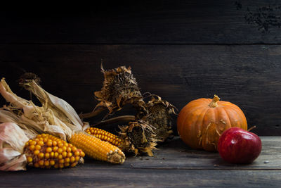 High angle view of pumpkins on table