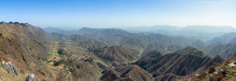 Panoramic view of mountains against clear sky