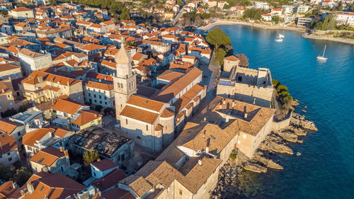 Aerial view of historic adriatic town of krk , island of krk, kvarner bay of adriatic sea, croatia
