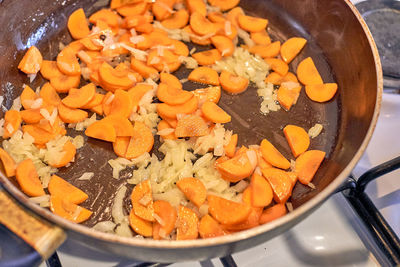 High angle view of meat in cooking pan