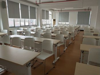 Empty chairs and tables in room