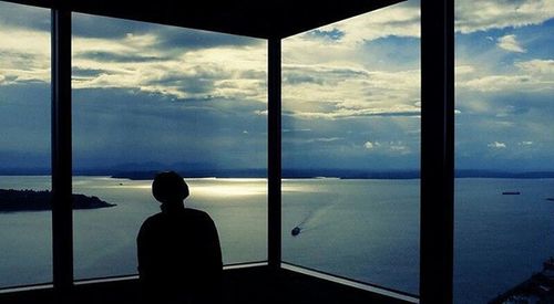 Rear view of woman looking through window