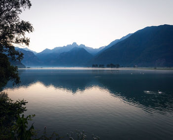 Scenic view of lake and mountains against sky