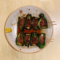 High angle view of food served on table