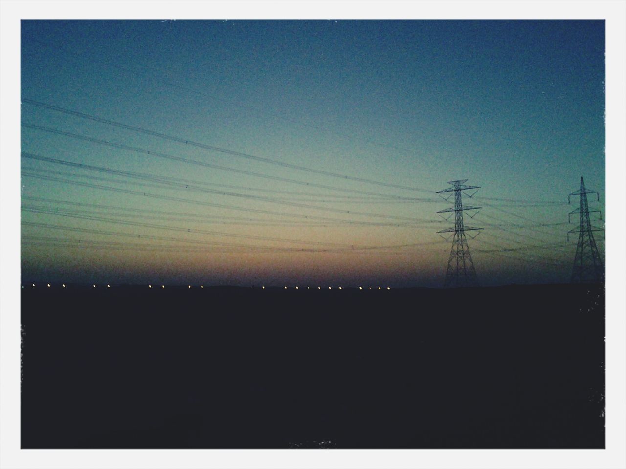 power line, electricity, electricity pylon, silhouette, power supply, connection, cable, transfer print, sky, sunset, copy space, technology, fuel and power generation, tranquility, scenics, tranquil scene, auto post production filter, dusk, low angle view, nature