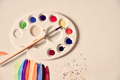 High angle view of multi colored pencils on table