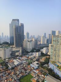 Buildings in city against clear sky