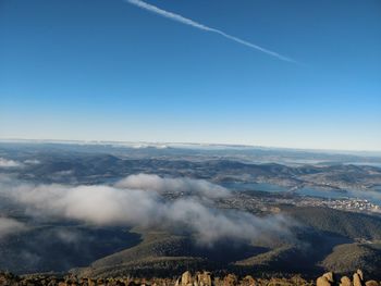 Aerial view of landscape against clear blue sky